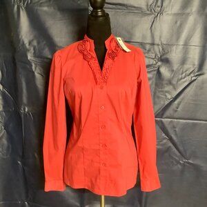 RED BUTTON UP LONG SLEEVE SHIRT WITH ROSE COLLAR - SIZE SMALL NEW WITH TAGS